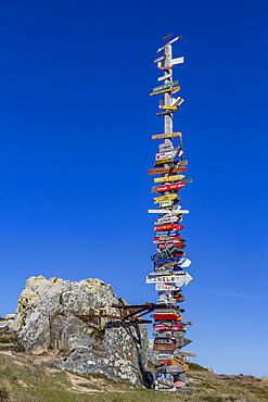 Views of the Signpost just outside of Stanley, the capital and only true city in the Falkland Islands, South Atlantic Ocean, South America