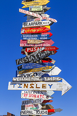 Views of the Signpost just outside of Stanley, the capital and only true city in the Falkland Islands, South Atlantic Ocean, South America