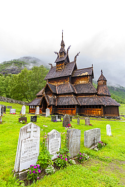 Borgund stave church, a triple-nave stave church of the Sogn-type, (built around A.D. 1180) in Borgund, Norway.