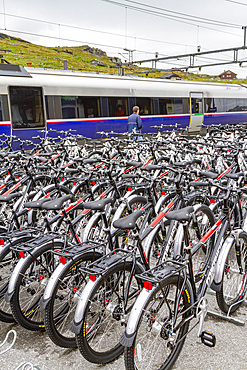 Views of rental bicycles on the Bergen Railway route from Myrdal to the town of Flam, Norway, Scandinavia, Europe