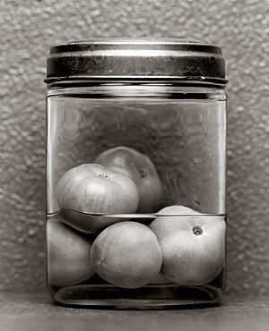 Green tomatoes preserved in a jar, Food