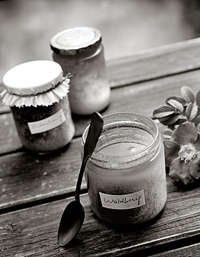 Three jars of honey on a table, forest honey, Food, Nutrition