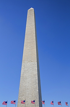 Washington Monument with American flags below, Washington DC, United States of America