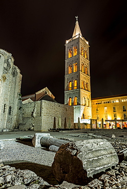 Roman ruins and the Tower of St Anastasia's Cathedral at night, Zadar, Croatia