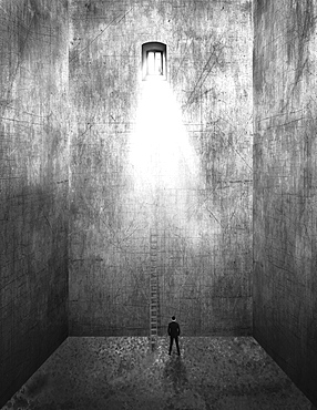 Image of a man standing in an empty room with tall walls and a ladder leading up to the sunlight streaming from a window far above, composite image