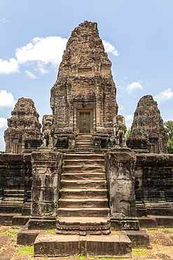 Steps leading to ruined stone temple towers, East Mebon, Angkor Wat, Siem Reap, Siem Reap Province, Cambodia