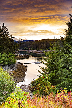 A scenic view of the coastline with forests and foliage in autumn colours and a small boat moored along a dock near Tutka Bay, on the southern end of Kachemak Bay, Homer, Alaska, United States of America