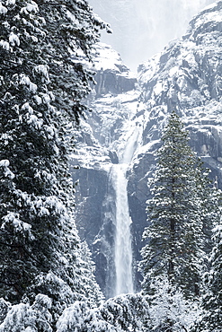 Yosemite Falls with snow in winter, Yosemite Valley, Yosemite National Park, California, United States of America