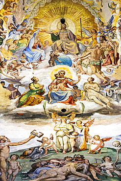 Large, colourful fresco called 'The Last Judgement' with Christ painted under the dome in the Florence Cathedral, Florence, Tuscany, Italy