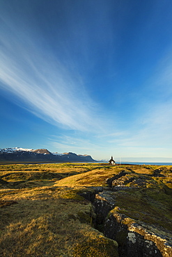 Church on lava fields at dusk, Snaefellsnes Peninsula, Budir, Iceland