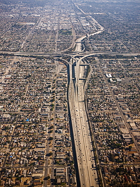 Aerial view of cityscape showing dense urban areas and roadways, Los Angeles, California, United States of America