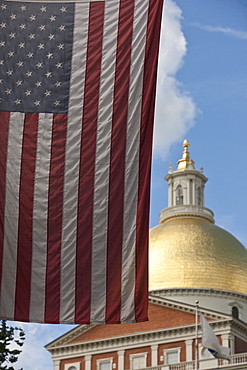 American flag in front of a government building, Massachusetts State Capitol, Beacon Hill, Boston, Suffolk County, Massachusetts, USA