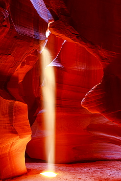 Upper Antelope Canyon with a beam of sunlight shining through a hole resembling a spotlight to the ground; Arizona, United States of America