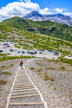 Stairs leading up from the Windy Ridge Trailhead parking lot, the Mount Saint Helens caldera in the background; Randle, Washington, United States of America