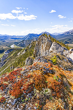 Scenery from the summit of Sapper Hill, with colourful lichen on the rock in the foreground and mountains in the distance; Yukon, Canada