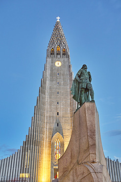 Hallgrimskirkja Church at dusk, Reykjavik, Iceland