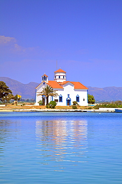 The Harbour and Agios Spyridon Church, Elafonisos Island, Laconia, The Peloponnese, Greece, Europe