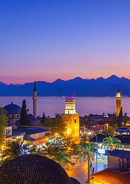 Yivli Minaret Mosque, Tekeli Mehmet Pasha Mosque and Clock Tower at dusk, Kaleici, Antalya, Turkey, Asia Minor, Eurasia