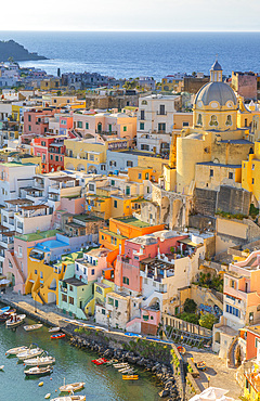 Aerial of Marina di Corricella at Sunset, Procida, Flegrean Islands, Campania, Italy, Europe