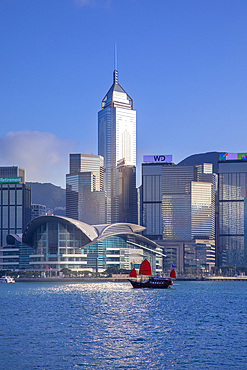 A Red Sail Junk in Hong Kong Harbour, Hong Kong, Special Administrative Region of the People's Republic of China, China, Asia