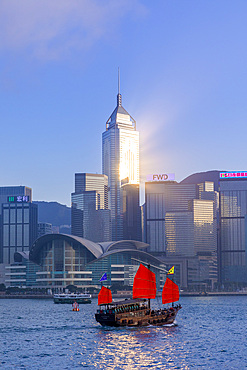 A Red Sail Junk in Hong Kong Harbour, Hong Kong, Special Administrative Region of the People's Republic of China, China, Asia