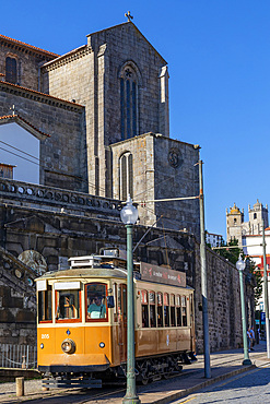 Tram in front of the Church of St. Francis, Porto, Norte, Portugal, Europe