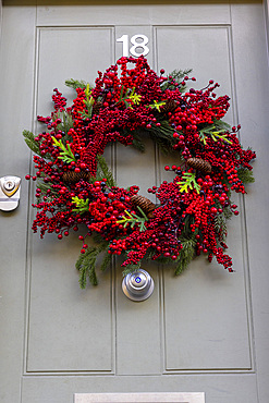 Christmas Wreath on Front Door, London, England, United Kingdom