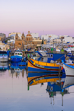 Parish Church of Our Lady of Pompei and Fishing Harbour, Marsaxlokk, Malta, Southern Europe