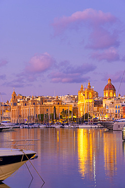 Church of St. Lawrence and Malta Maritime Museum at Dusk, Grand Harbour, Birgu, Malta, Southern Europe