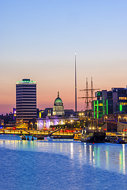 The Treasury Dock, Dublin Spire and the The Jeanie Johnston Tall Ship at Dusk, Dublin, Republic of Ireland, Europe