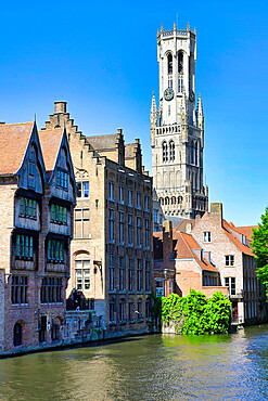 Famous canal of Rozenhoedkaai and the Belfry in the background, Bruges, UNESCO World Heritage Site, Belgium, Europe