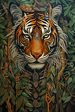 Close up of a tiger in fantasy multicolored style, AI Generated