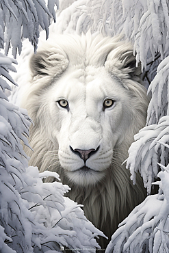 AI generated portrait of a White Male lion in a snowy environment