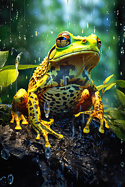 AI generated image of a Goliath frog (Conraua goliath), under water droplets from a cascade