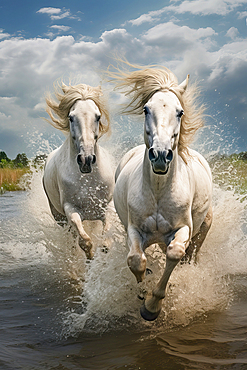 AI generated image of Two white horses running in the water