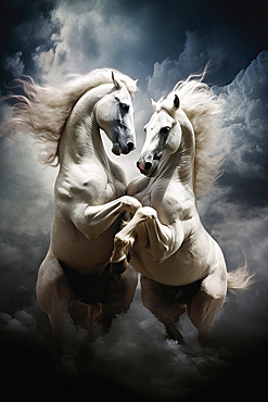 AI generated image of White stallion horses fighting on the beach