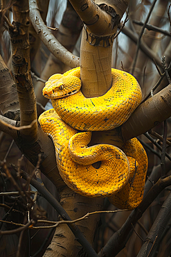 AI generated image of a Stylized yellow tree snake wrapped around branches