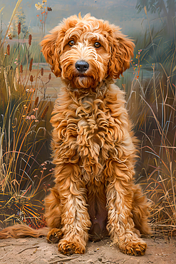 AI generated image of a Young goldendoodle pup sitting on the ground