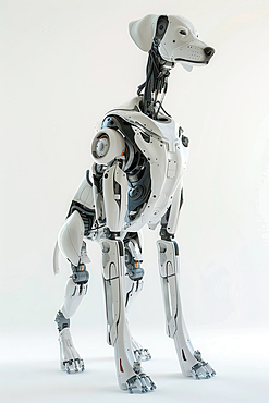 AI generated image of a Robot dog in front of a white background