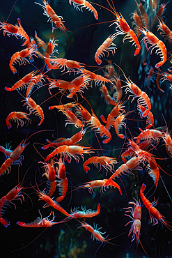 AI generated image of a Swarm of shrimps in a canyon with hydrothermal vents