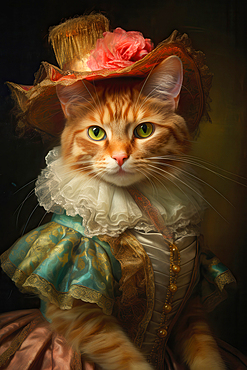 Brown cat dressed in colorful medieval attire; AI generated