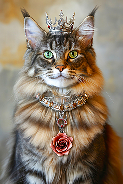 AI generated image of Maine coon cat dressed in medieval attire with jewels, crown and a red devil rose around the neck