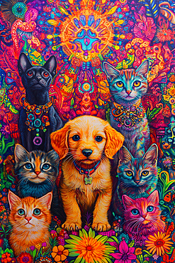 Puppies dogs and cats in a colorful flower setting, AI generated