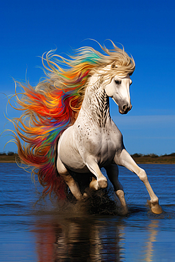 AI generated image of White horse with a flamboyant mane galloping in the water