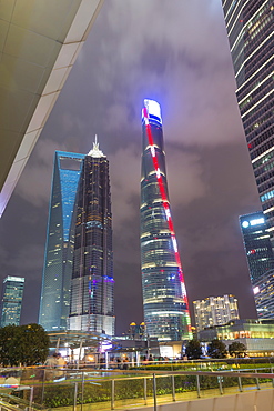 Pudong financial district at night, Shanghai, China, Asia