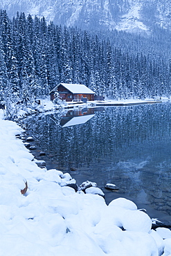 Boat house at Lake Louise, Banff National Park, UNESCO World Heritage Site, Rocky Mountains, Alberta, Canada, North America