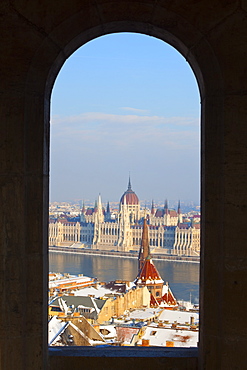 Hungarian Parliament and River Danube on a winters afternoon, Budapest, Hungary, Europe