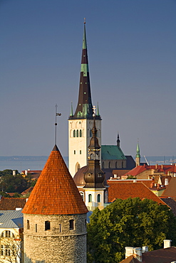 Elevated view of lower Old Town with Oleviste Church in the background, UNESCO World Heritage Site, Tallinn, Estonia, Europe