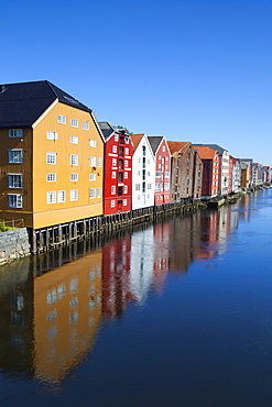 Old fishing warehouses reflected in the River Nidelva, Trondheim, Sor-Trondelag, Norway, Scandinavia, Europe