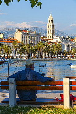 St. Domnius Cathedral Bell Tower and picturesque harbour, Stari Grad (Old Town), Split, Central Dalmatia, Croatia, Europe